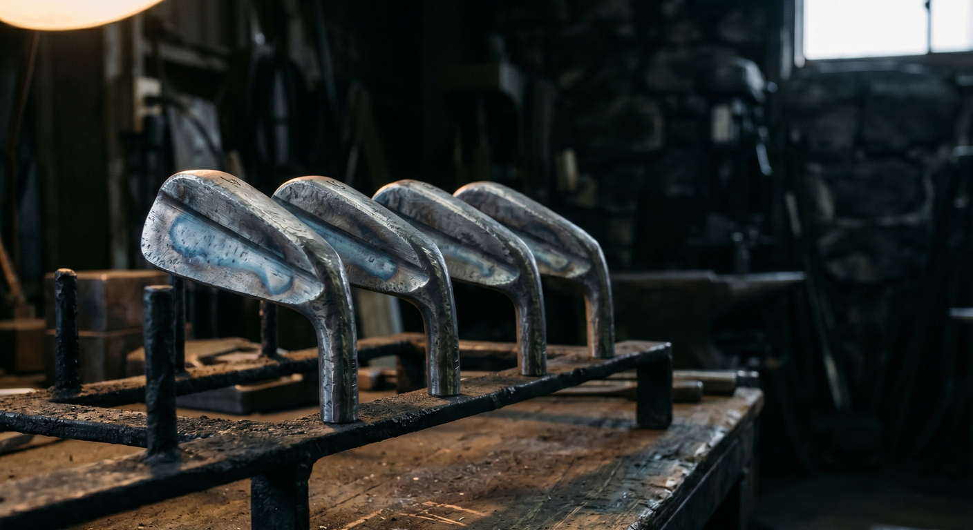 Forged iron heads cooling on a workshop rack under warm tungsten light.