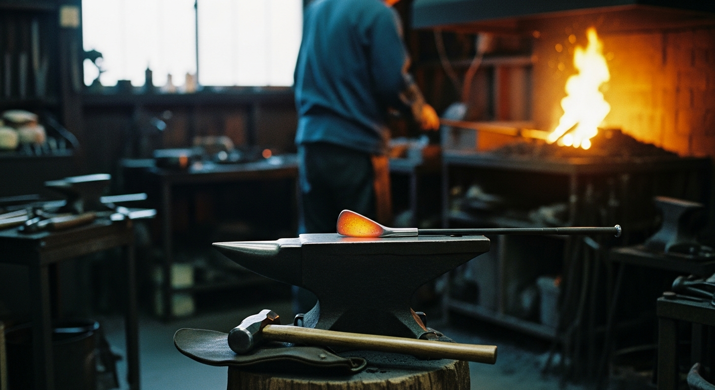 A forged iron head resting on a dark workshop surface under warm tungsten light.
