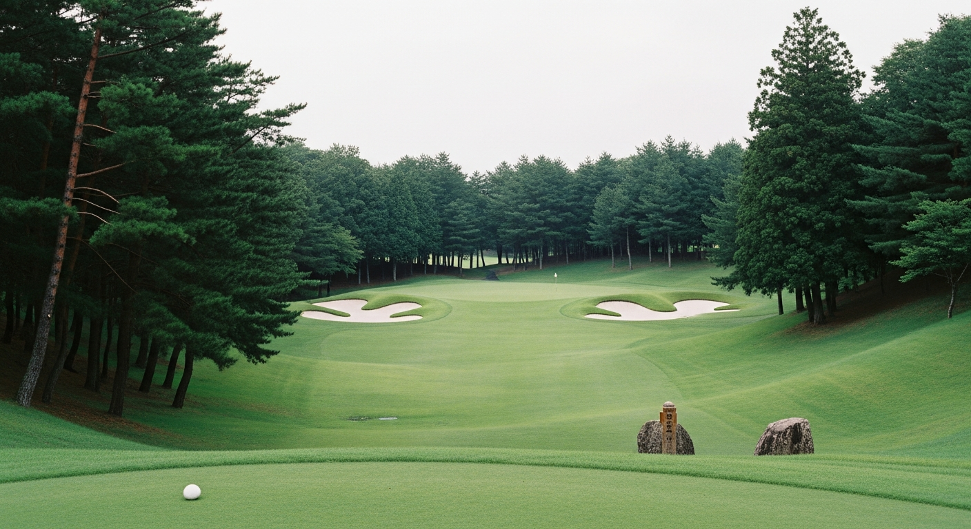A par-3 green guarded by deep bunkers, framed by the Rokko ridgeline.
