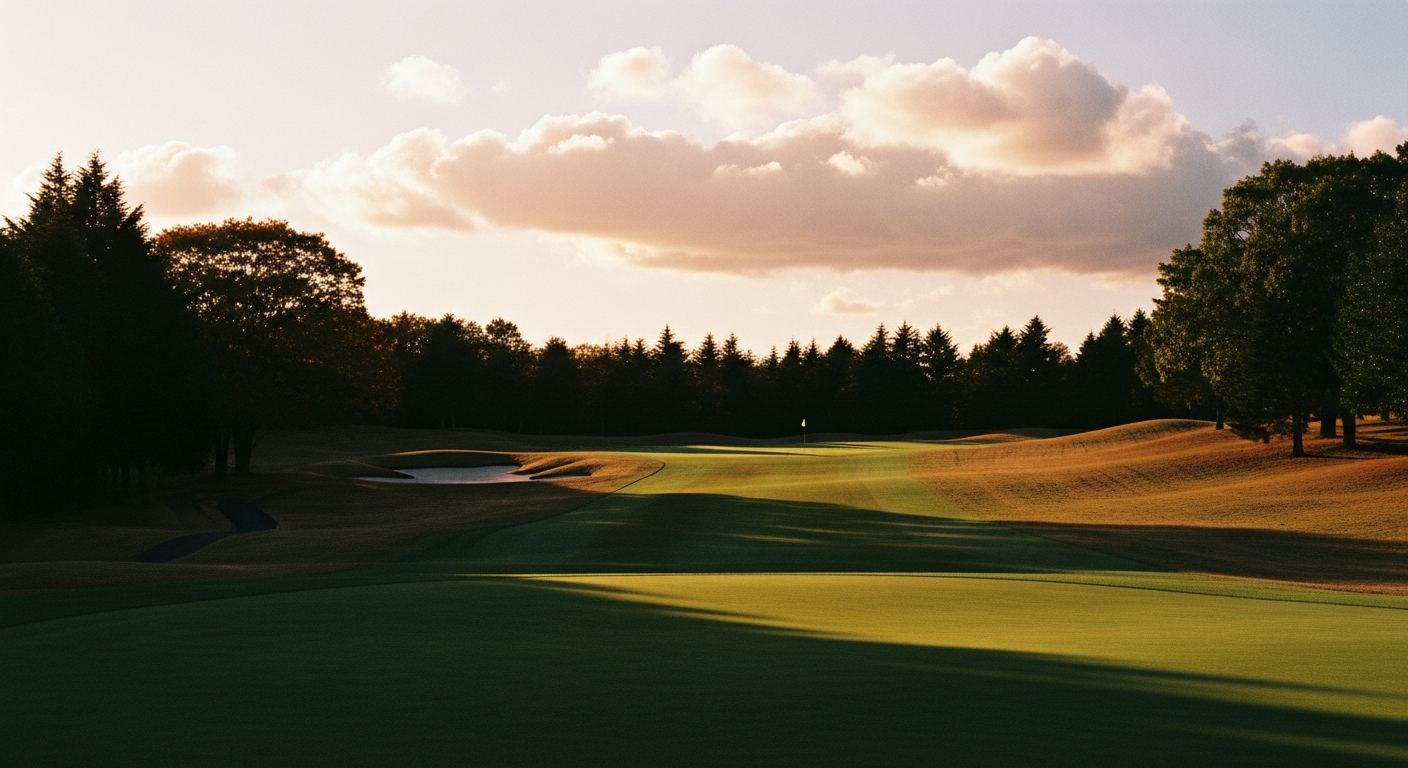 A par-4 approach showing the distinctive twin greens of a Japanese championship course.