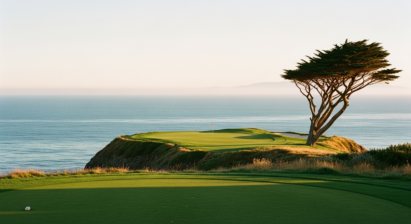 A cliff-edge fairway on the Izu peninsula with the Pacific and Mt. Fuji beyond.