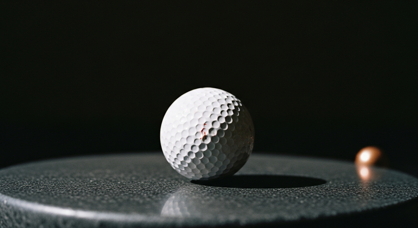 A single premium urethane ball resting on a close-cut green under subtle side lighting.