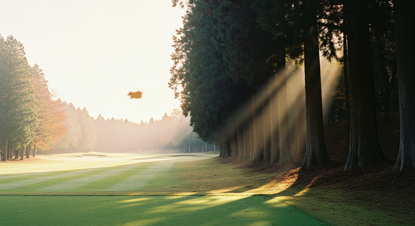 Vertical sugi trunks framing a narrow fairway on a Japanese mountain course.