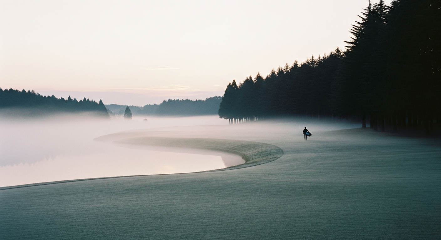 A flag on the green seen faintly through morning mist across a mountain fairway.