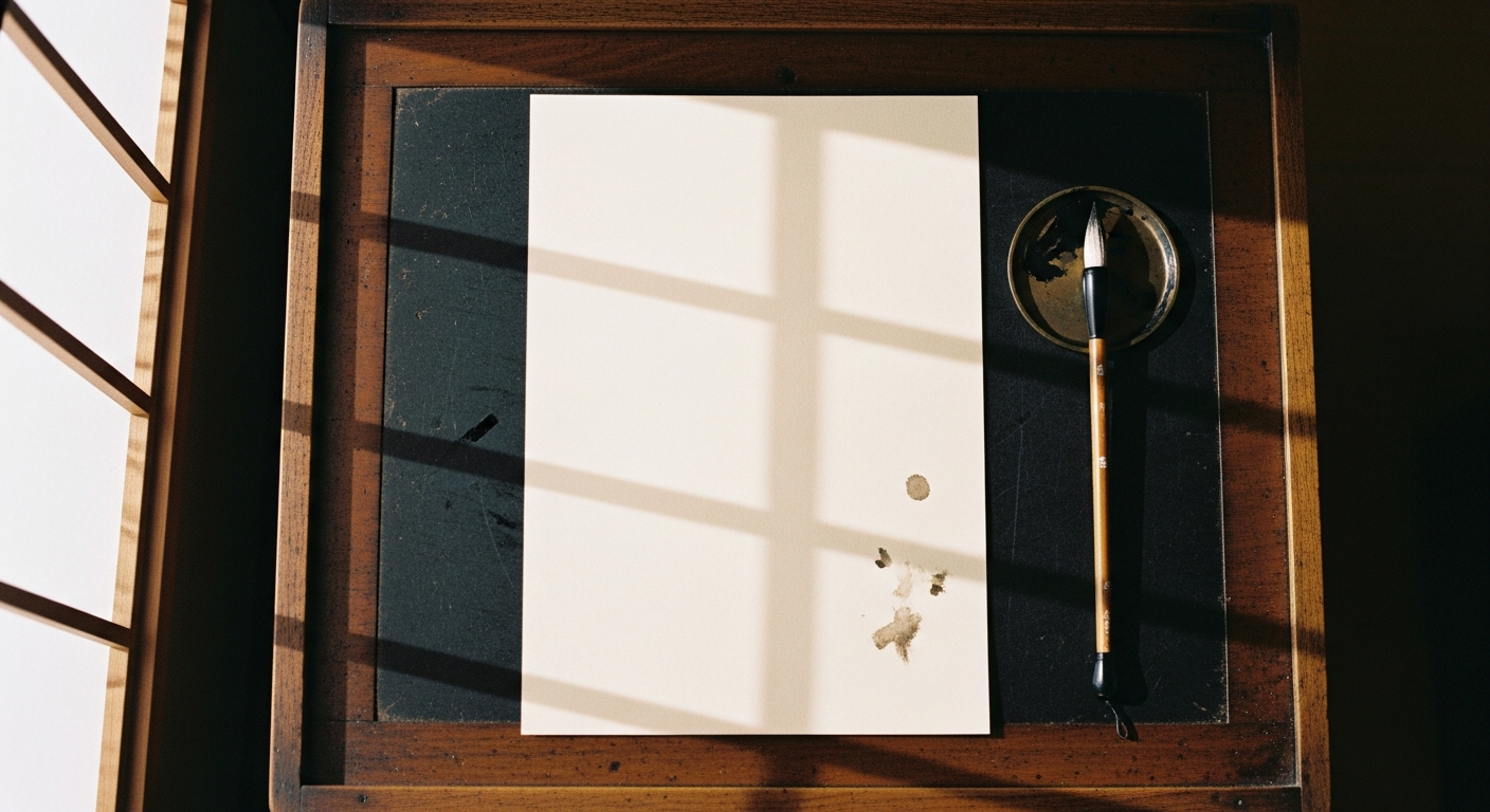 A bound notebook open on a writing desk at first light, the pages still blank.